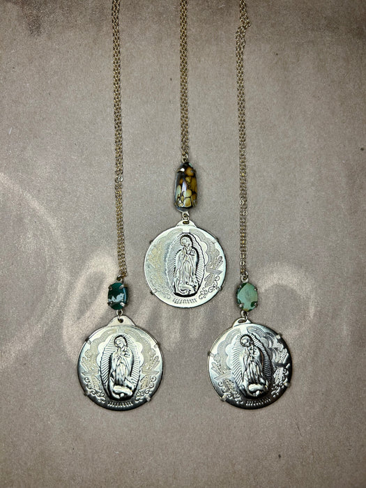 14k filled coin pendant necklace with Turquoise - Our Lady of Guadalupe