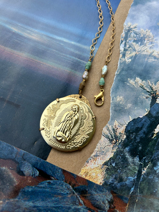 Our lady of Guadalupe matte gold filled pendant "I will run to you"