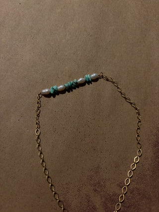 Turquoise and pearl 14 k gold boot chain