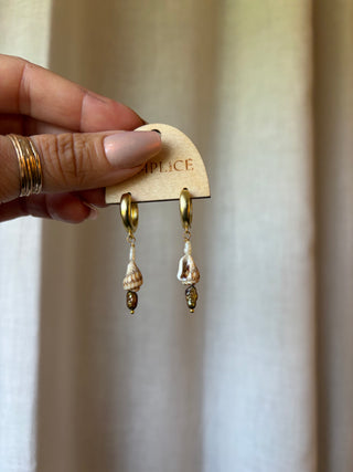 Small shells and pearl Huggie Hoops