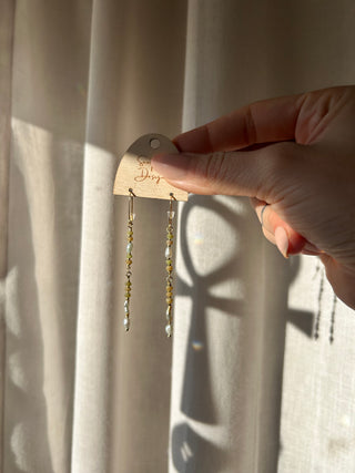 Pearl and green sea glass earrings