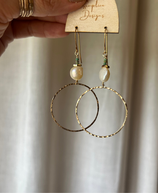 Pearl + Turquoise textured hoop earrings