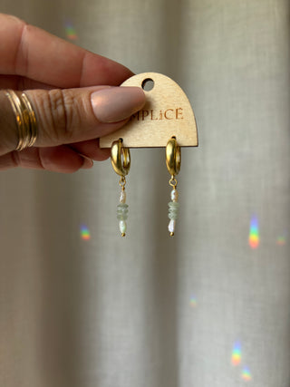 Pearl and green sea glass Huggie Hoops