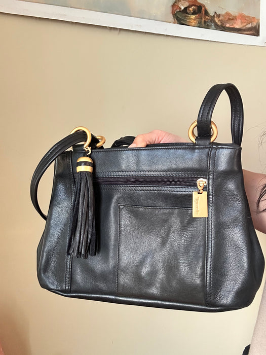 Black leather bag - matte gold hardware and cute tassel