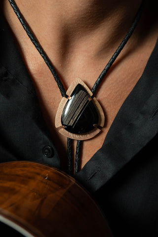Large black agate bolo tie