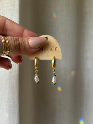 Turquoise and Pearl Huggie Hoops