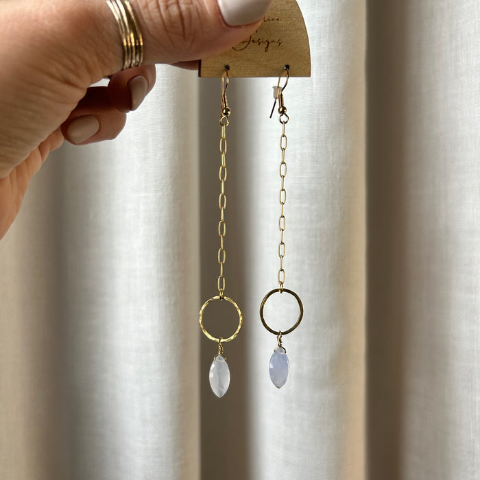 Faceted chalcedony drop earrings with textured hoops (customizable chain length)