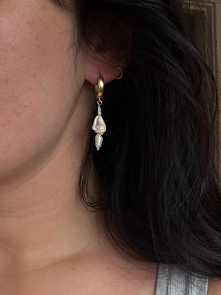 White Shell and Pearl Huggie Hoops