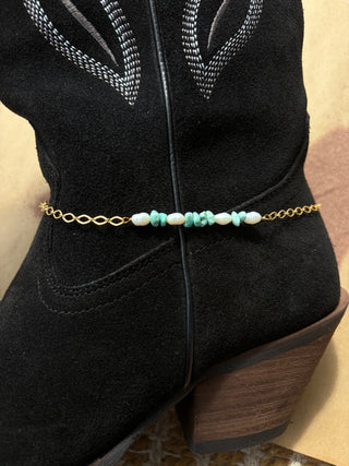 Turquoise and pearl 14 k gold boot chain