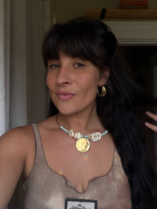 Vintage Moon Pendant Choker Necklace with Shells + Turquoise