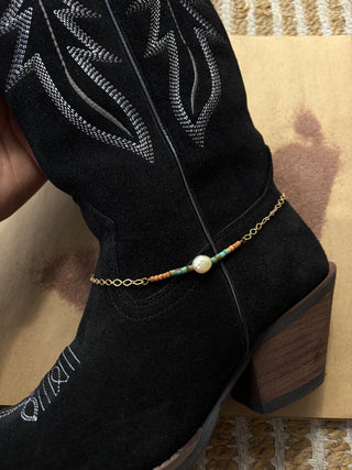 Pearl, turquoise, and terracotta 14k gold boot chain