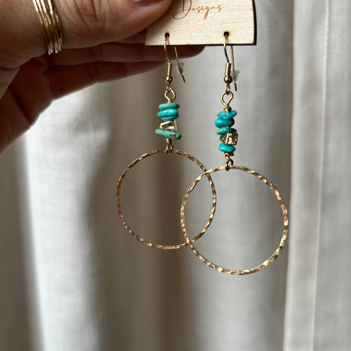 14k plated textured hoops with turquoise