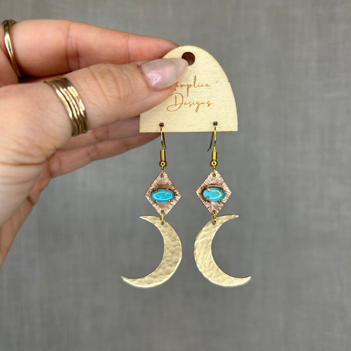 Boho Turquoise + bronze moon earrings