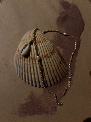 Cowrie, turquoise, + pearl 14k gold boot jewelry