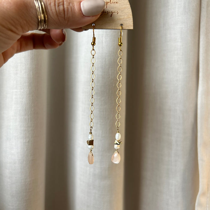 Peach moonstone and pearl drop earrings (customizable chain length)