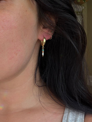 Blue Turquoise, Pearl and terracotta Huggie Hoops