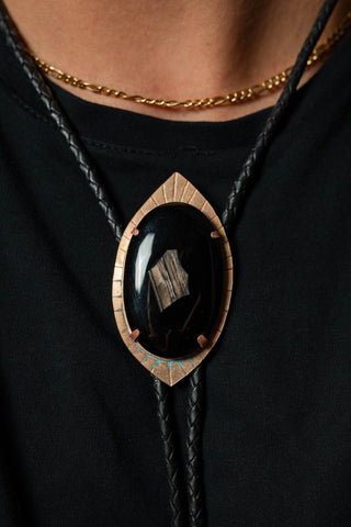 Large black agate bolo tie
