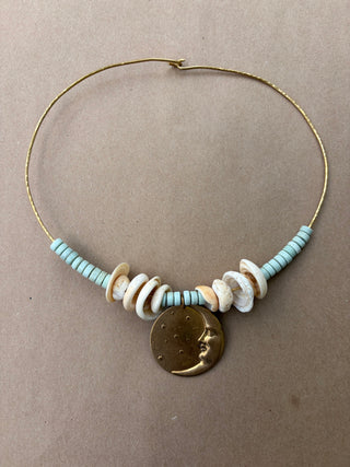 Vintage Moon Pendant Choker Necklace with Shells + Turquoise