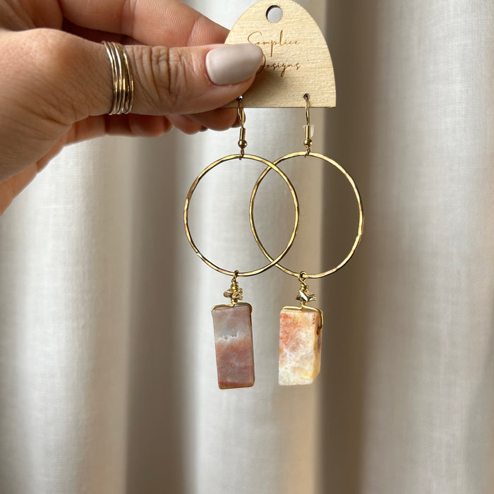 Bronze textured hoops with peach picture Jasper stones