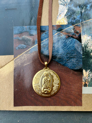 Our Lady of Guadalupe Pendant with hand cut suede - shade Espresso