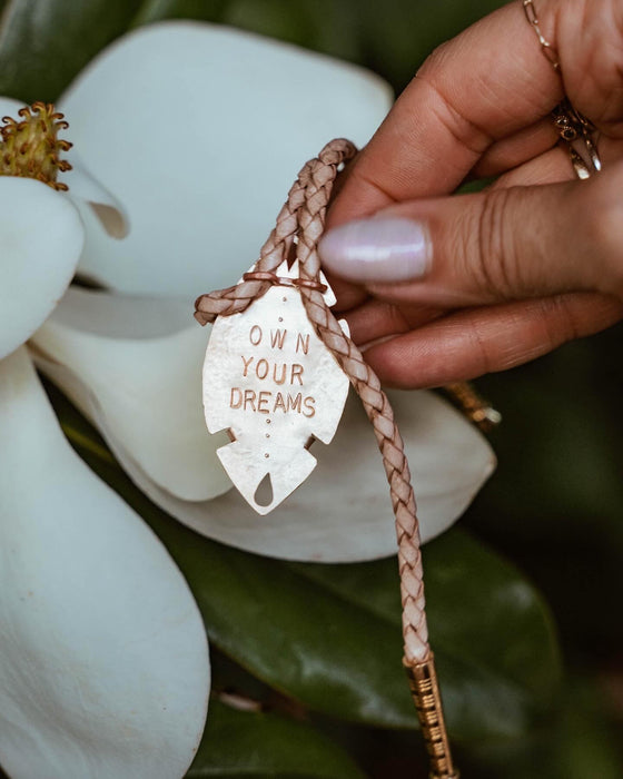 White Lace Agate bolo tie "Own Your Dreams"