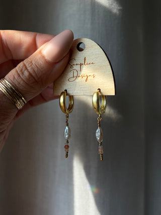 Pearl and Peach Moonstone Huggie Hoops
