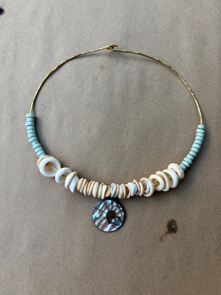 Turquoise + Shell Choker Necklace - Vintage Pendant
