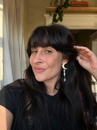 Bronze textured Moons with blue lace agate and faceted chalcedony