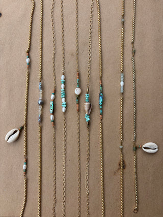 Cowrie, turquoise, and pearl 14k gold boot chain