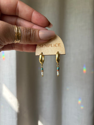Blue Turquoise, Pearl and terracotta Huggie Hoops