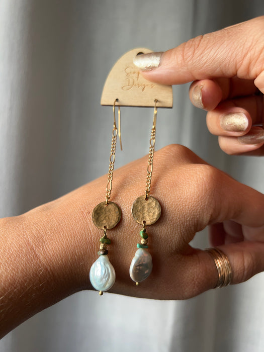 Figaro chain earrings with textured coins and pearls