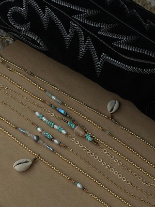 Cowrie, turquoise, and pearl 14k gold boot chain