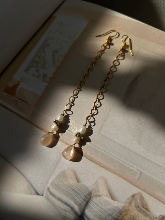 Peach moonstone and pearl duster earrings