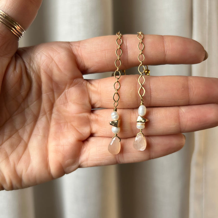 Peach moonstone and pearl drop earrings (customizable chain length)