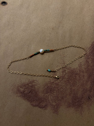 Pearl, turquoise, and terracotta 14k gold boot chain