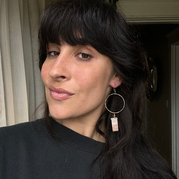 Bronze textured hoops with peach picture Jasper stones