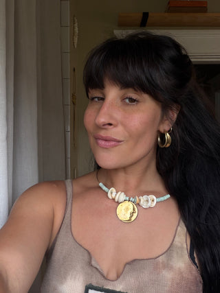Vintage Moon Pendant Choker Necklace with Shells + Turquoise