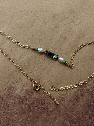 Abalone, Pearl, turquoise, + terracotta  14k gold boot chain
