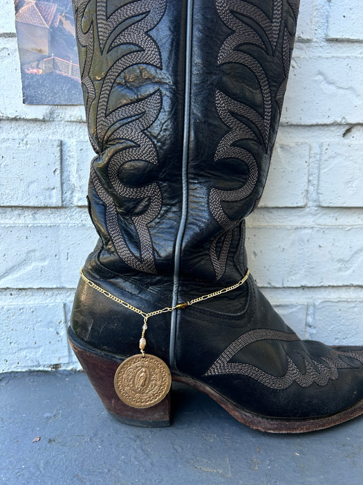 Our Lady of Guadalupe coin and brown pearl boot chain