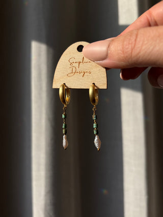 Turquoise and Pearl Huggie Hoops