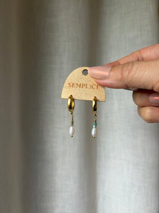 Turquoise and Pearl Huggie Hoops