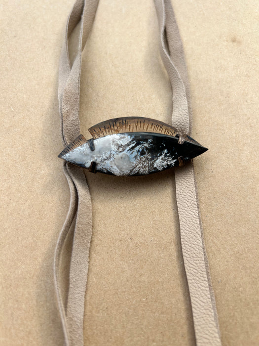 Black and tan petrified wood suede bolo tie