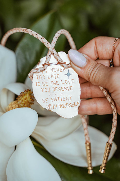 Pink and Cream Lace Agate bolo - Written quote