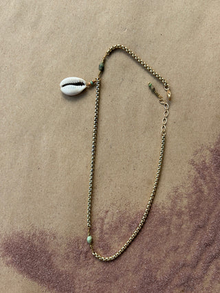 Cowrie, turquoise, and pearl 14k gold boot chain