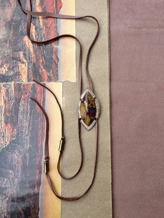 "Be Here Now" Flower agate and suede bolo tie