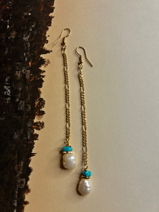 Turquoise and Hawaiian Pearl Drop Earrings (length adjustable, read description)