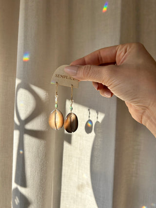 Turquoise pearl and cowrie earrings