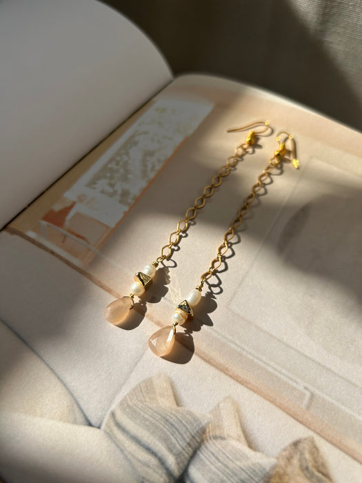 Peach moonstone and pearl duster earrings