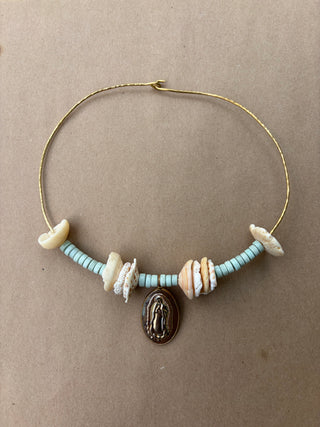 Vintage Mother Mary Pendant Choker Necklace with Turquoise + Shells