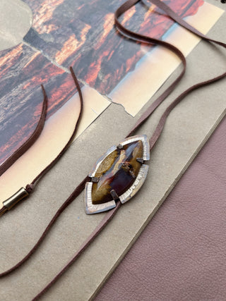 "Be Here Now" Flower agate and suede bolo tie